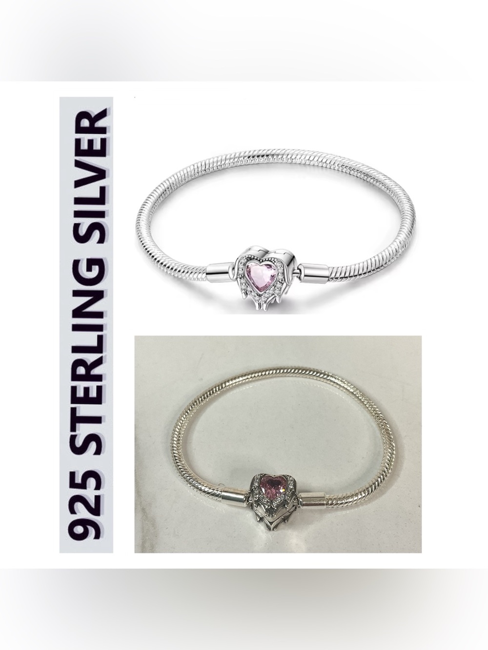 🌟🌟 S925 Sterling Silver Pink Crystal Heart Charm Bracelet